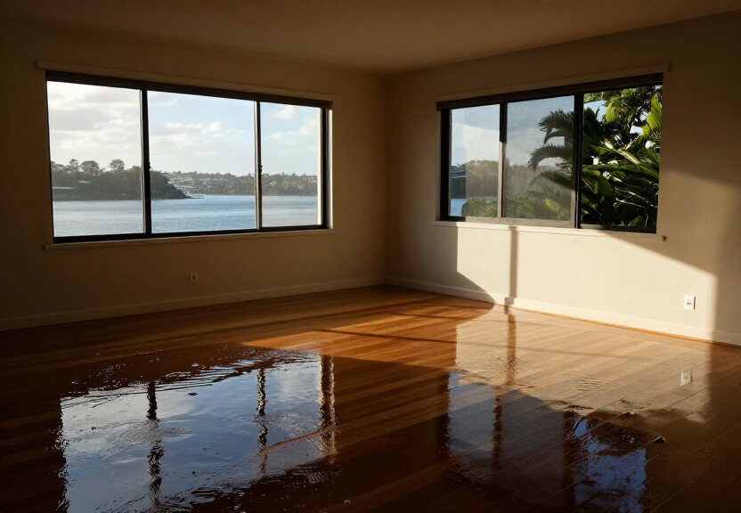 Flooded living room in Rookwood before restoration